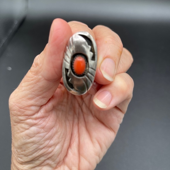 Sterling Silver John White Navajo Ring Coral - Picture 2 of 5